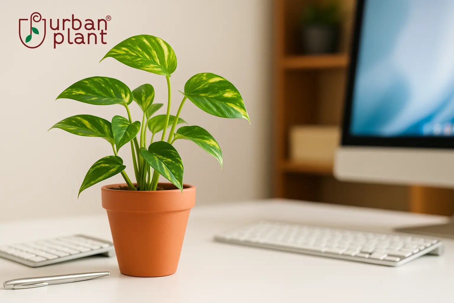 Money Plant (Pothos/Scindapsus) – prosperity and versatile indoor office desk plant with heart-shaped variegated leaves in a terracotta pot – Urban Plant
